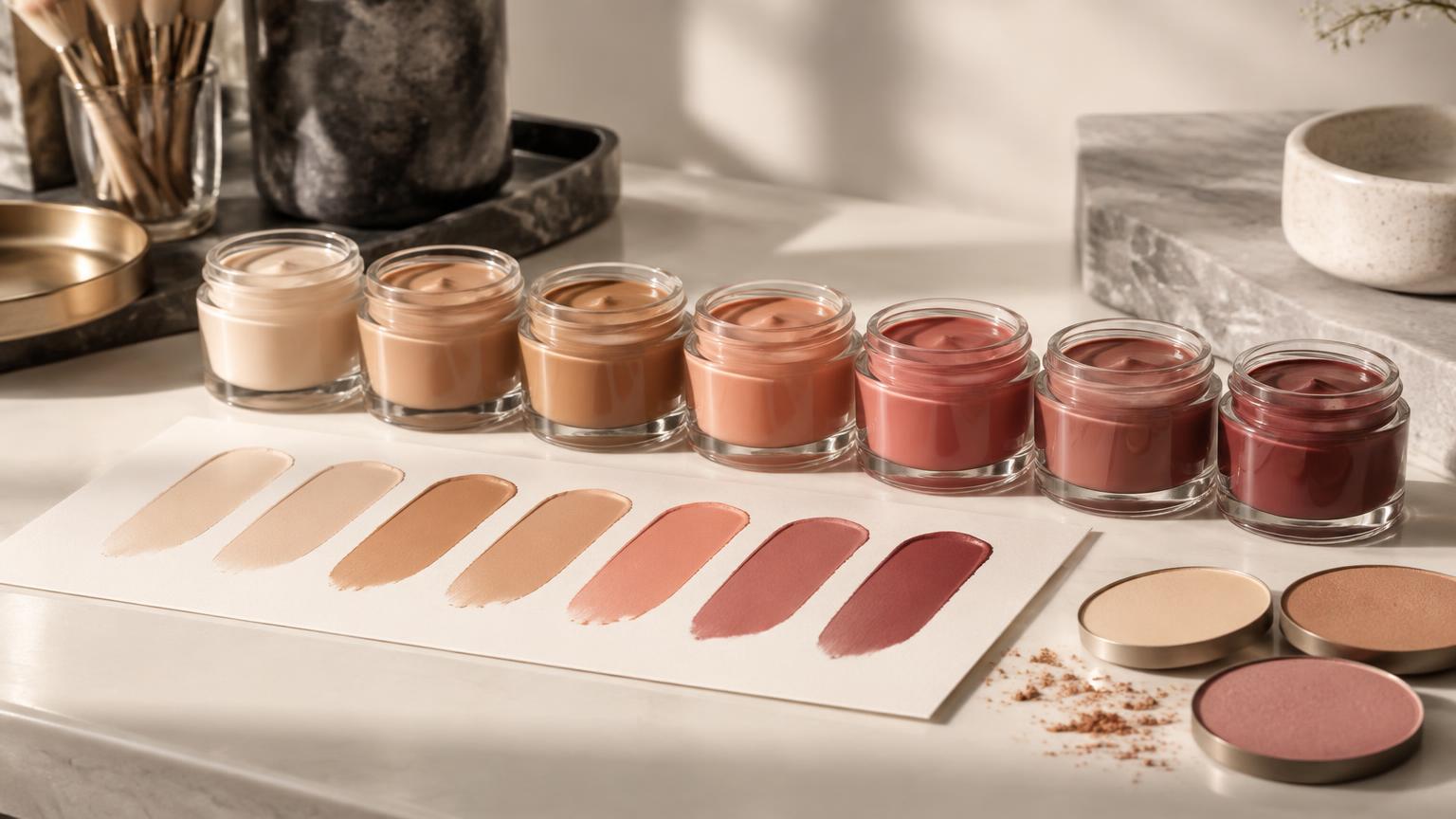 Cosmetic shade samples in small jars beside a swatch card during evaluation