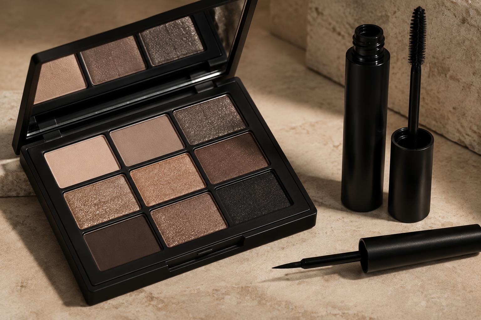 Open neutral eyeshadow palette beside unbranded mascara and liner components