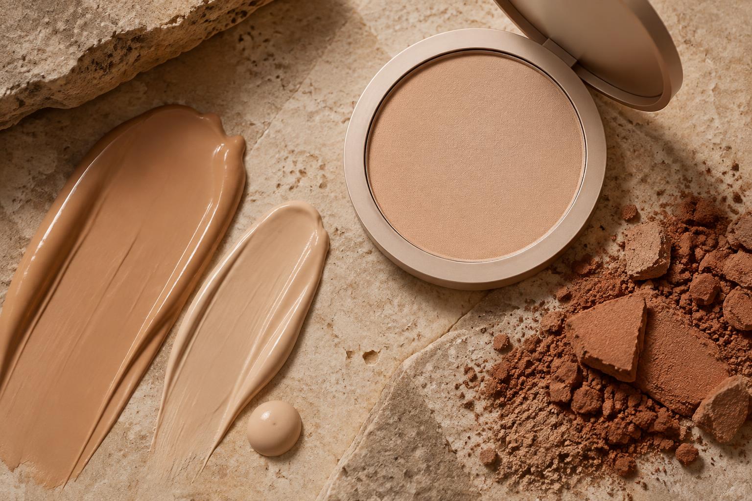 Foundation texture swatches, a compact powder pan and loose bronzer powder on neutral stone