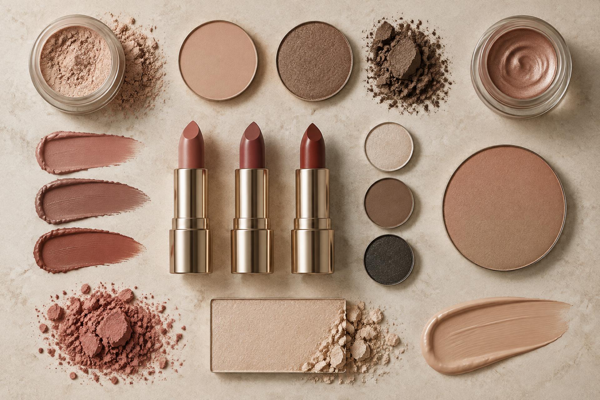 Unbranded color cosmetics arranged in a precise grid with powder pans, lipstick bullets and cream swatches