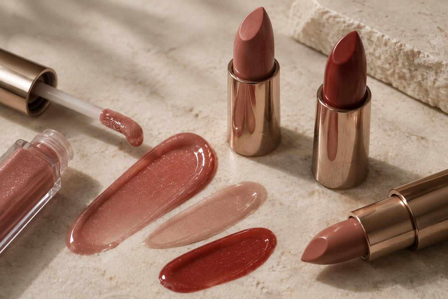 Unbranded lipstick bullets with glossy lip textures swatched on neutral stone
