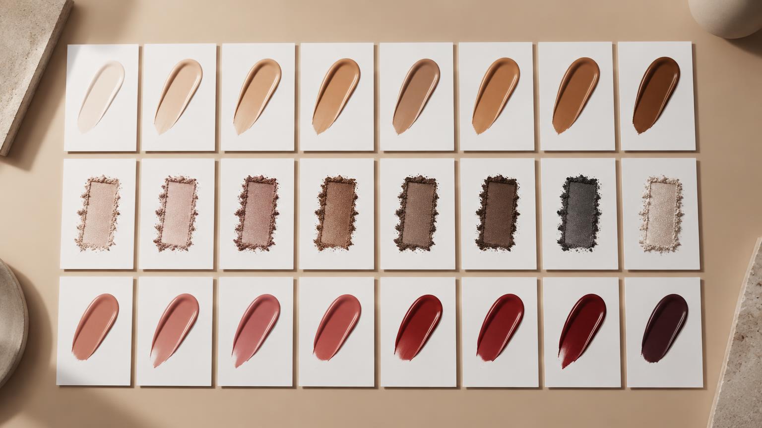 Rows of complexion, eye and lip shade swatches on white cards