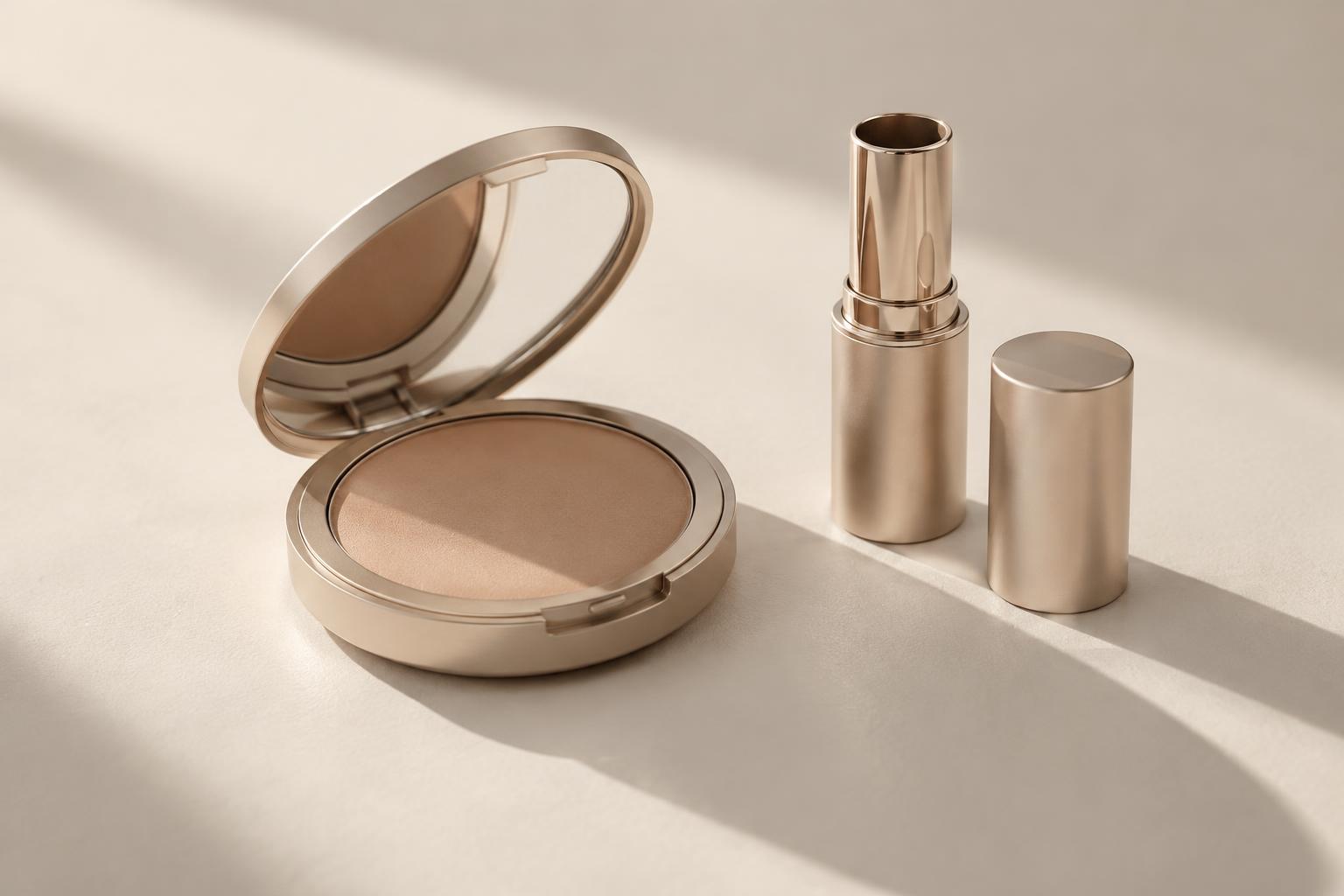 An unbranded compact and lipstick component on a neutral surface