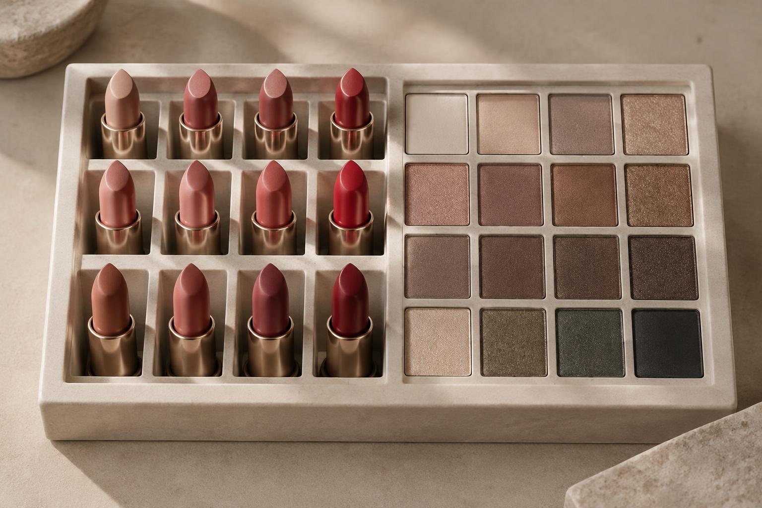 Unbranded lipstick bullets and eyeshadow shades arranged in a selection tray